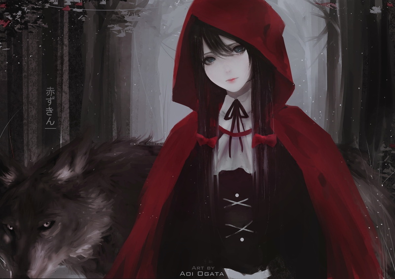 2K, wolf, blue eyes, women, looking at viewer, Aoi Ogata, brunette, artwork, digital art, Little Red Riding Hood, Red Hood