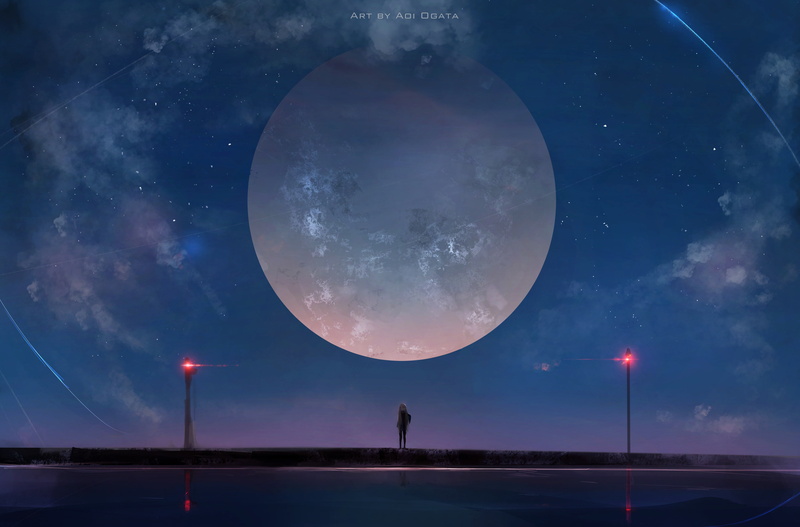 girl, art, clouds, night, stars, the sky, anime, 4K, the moon, aoi ogata