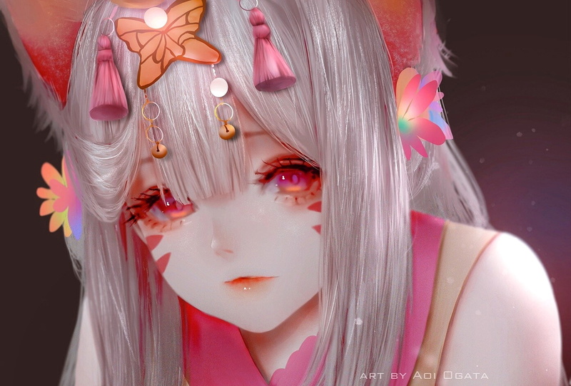by Aoi Ogata, 1080P, red eyes, hairstyle, neko girl, face, cat ears