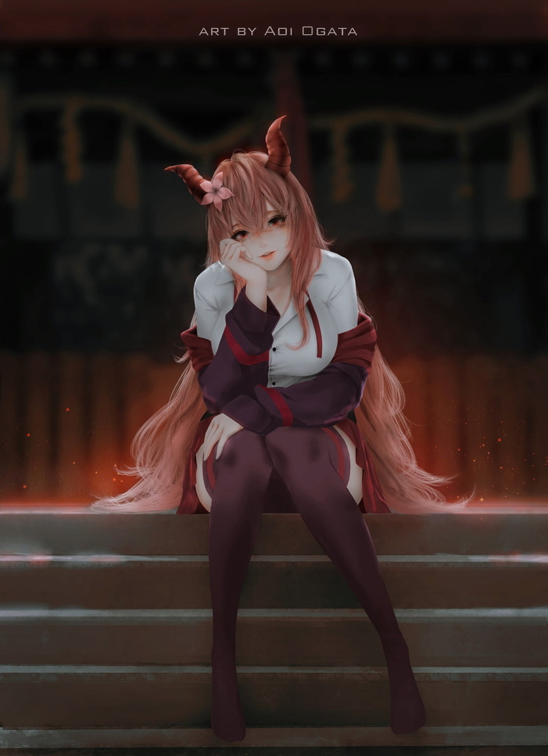 720P, redhead, anime, horns, anime girls, Touhou, Aoi Ogata, vertical