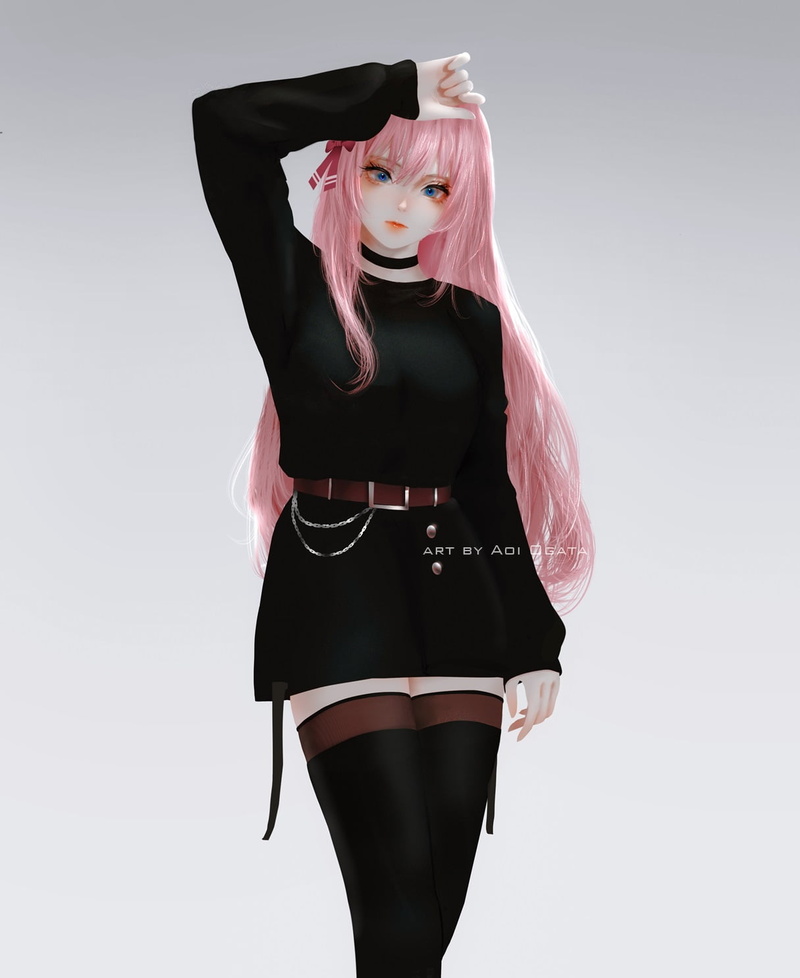stockings, simple background, 720P, original characters, Aoi Ogata, pink hair, anime girls, anime