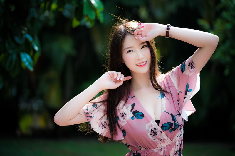 smiling, dress, painted nails, Asian, model, brunette, 1080P, women outdoors, long hair, looking at viewer, women, depth of field, arms up