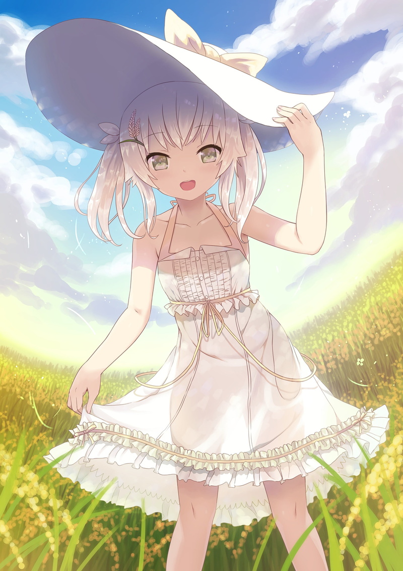 2K, young women, looking at viewer, day, clothing, nature, grass, white dress, front view, leisure activity, looking at camera, Frill dress, human arm