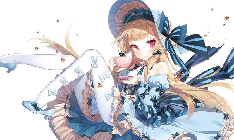 blonde, original characters, lolita fashion, anime, 1080P, stockings, headdress, ribbon, frills, hat, drink, dress, anime girls