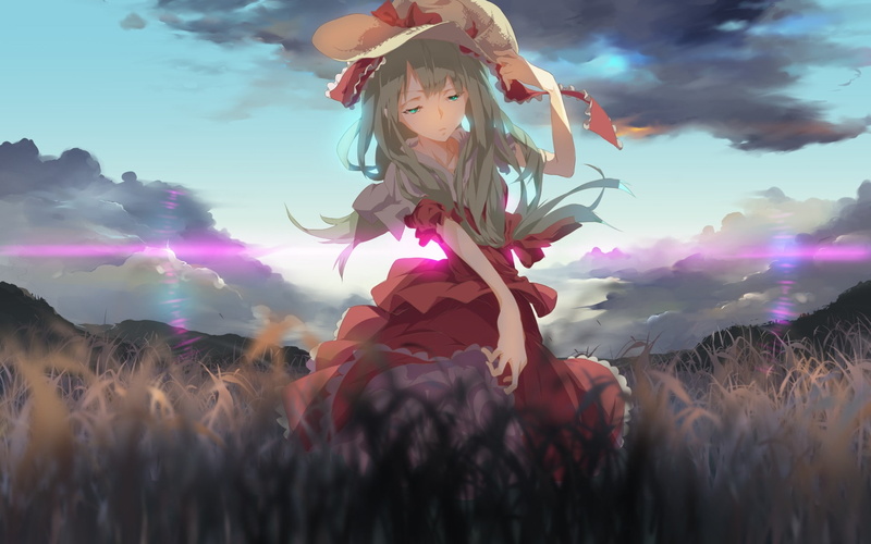 ribbon, frills, solo, landscape, Puffy Sleeves, hat, long hair, 1080P, clouds, red dress, field, headdress, anime girls, grass, Kagiyama Hina, sunset
