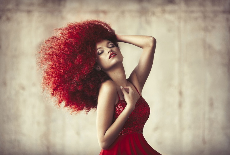 redhead, closed eyes, curly hair, 720P, dyed hair, women, red lipstick, red dress