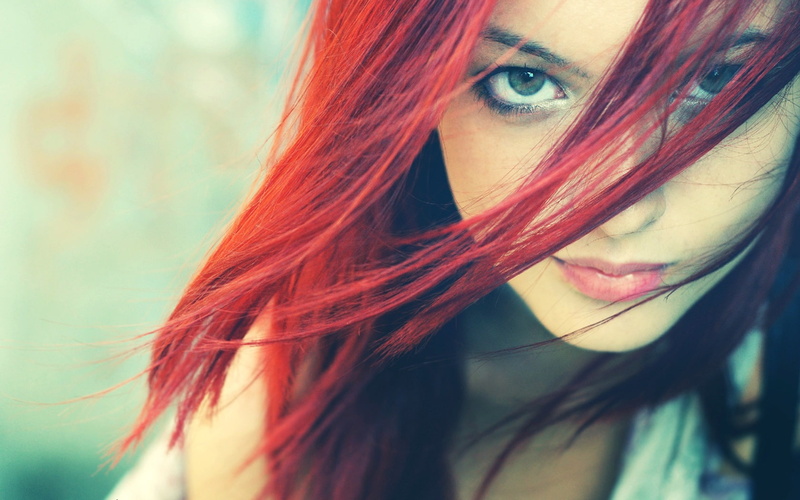 women, hair in face, redhead, portrait, dyed hair, lipstick, depth of field, red, looking at viewer, hair, 720P, model, face, green eyes