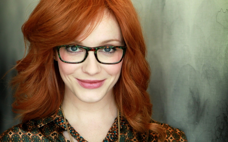beauty, dyed red hair, long hair, women, portrait, close-up, front view, Christina Hendricks, looking at camera, eyeglasses, beautiful woman, happiness