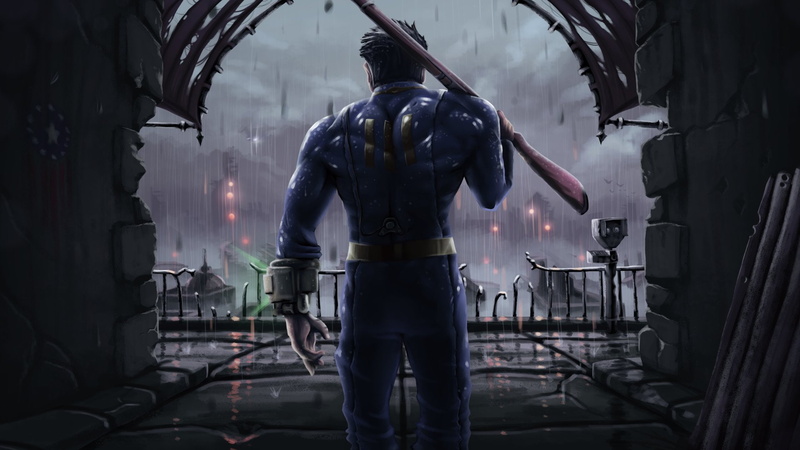 helmet, occupation, rear view, clothing, uniform, Sole Survivor (Fallout 4), 1080P, obscured face, indoors, mode of transportation, three quarter length