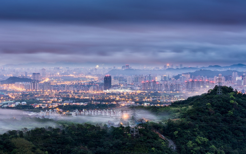lights, china, 1080P, lighting, taipei, towers, morning, blue, taiwan, trees, height, type, panorama, wires, city, smoke, dawn, clouds, hills, fog, buildings
