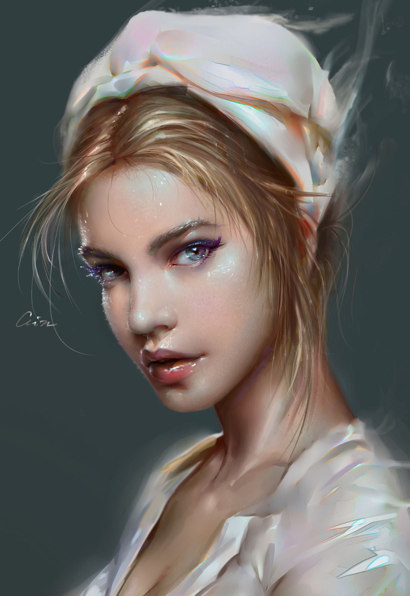 close-up, indoors, body part, illustration, headshot, studio shot, contemplation, headband, teal, beautiful woman, fashion, make-up, painting, one person