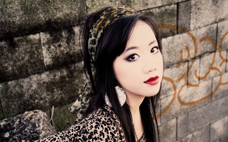 stone wall, wall, young women, portrait, Asian, adult, black hair, brick, fashion, beauty, brick wall, headband, beautiful woman, headshot, one person