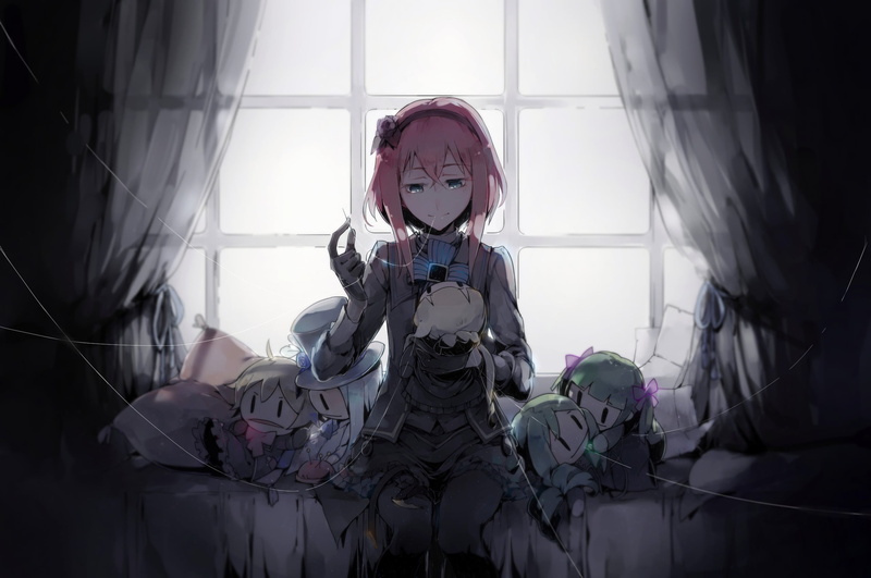 pink hair, pink, bow, no people, transparent, blue eyes, human representation, indoors, art and craft, character, window, gloves, technology, Unlight, nature
