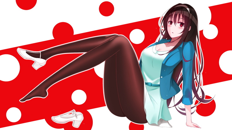 studio shot, high heels, 4K, anime, females, Blazer, hairstyle, anime girls, long hair, Kasumigaoka Utaha, heels, indoors, cleavage, beautiful woman, one person