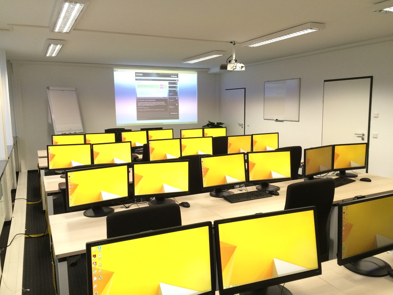 technology, flat, no people, room, classroom, computers, illuminated, ceiling, window, business, class, modern, empty, screen, black, lighting equipment