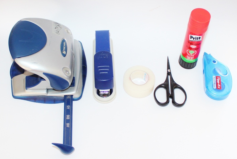 2K, indoors, container, plastic, blue, seminar, technology, scissors, office, high angle view, office supplies, punch, variation, still life, text, tacker