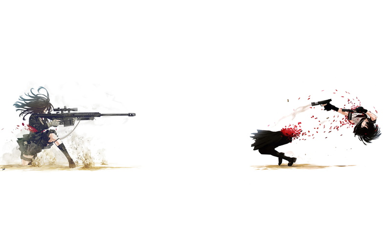 hair, gun, long, white, petals, 5K, yusuke, skirt, kyoko, kozaki, gloves, kneehighs, brown, weapon, butterfly, original, karasuma