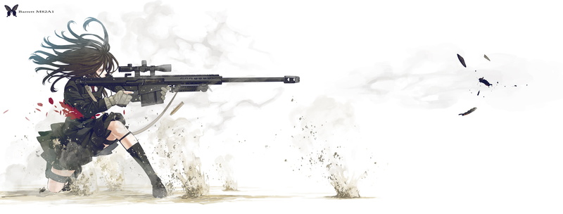 brown, petals, original, yusuke, hair, gloves, long, 2K, white, gun, kozaki, butterfly, skirt, weapon