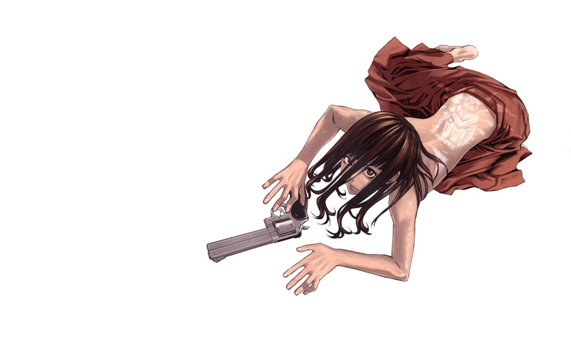 girls, hd, pistols, 720P, tattoos, hair, brunettes, white, art, guns, long, yusuke, anime, x, kozaki