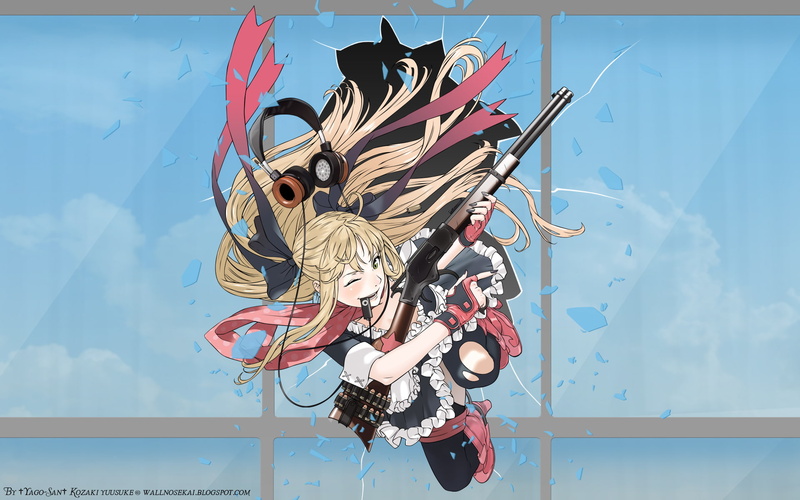 original, gun, headphones, eyes, weapon, maid, thighhighs, yellow, gloves, long, hair, 1080P, ribbons, yusuke, blonde, kozaki