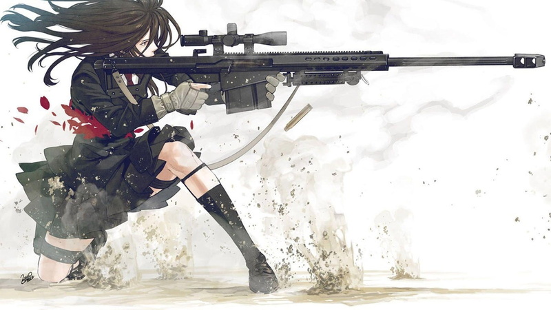 women, holding, motion, M82A1, front view, gun, uniform, day, rifle, activity, nature, full length, hairstyle, 720P, outdoors, one person, anime girls