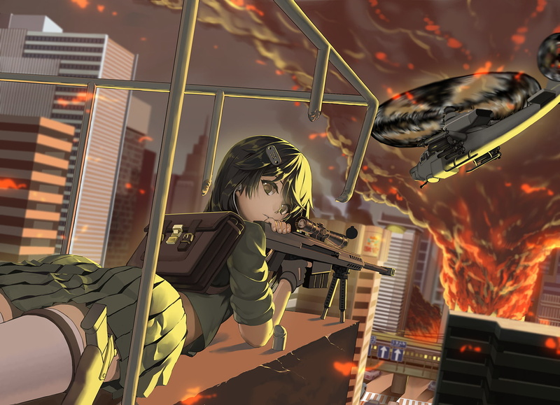 front view, 720P, fire - natural phenomenon, men, anime, gun, burning, anime girls, nature, real people, young women, casual clothing, boys, one person