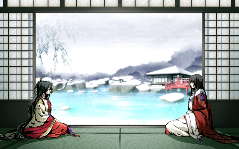 real people, winter, red, outdoors, window, clothing, girl, sky, white, illustration, sitting, day, 1080P, g yuusuke, kimono, women, game, blue, image