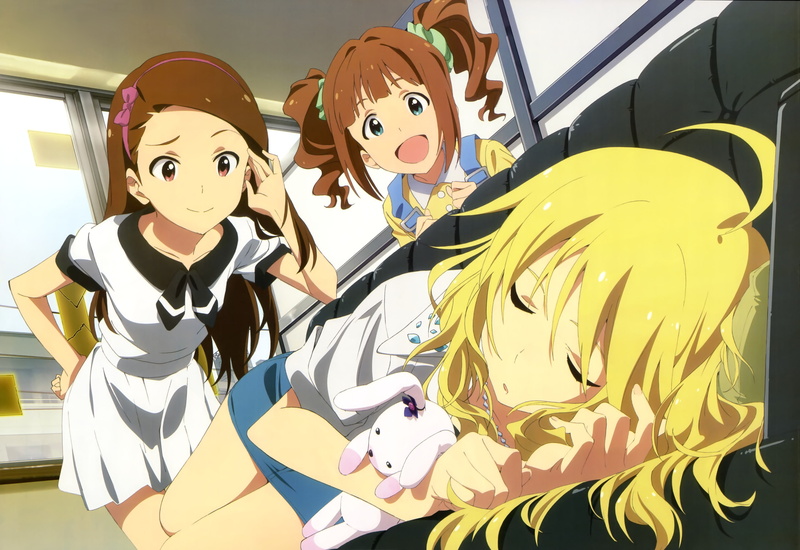 bow, hair, sleeping, tanaka, iori, megami, miki, scan, blue, eyes, brown, blonde, seifuku, 2K, idolmaster, yuusuke, bear, teddy, twintails, minase, hoshii