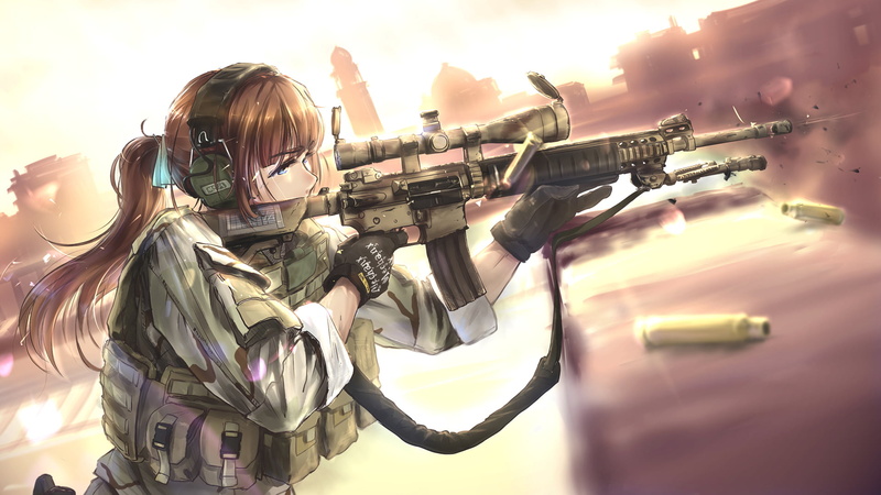 long hair, one person, headwear, outdoors, holding, clothing, Girl With Weapon, army helmet, military, aerospace industry, day, helmet, 1080P, uniform