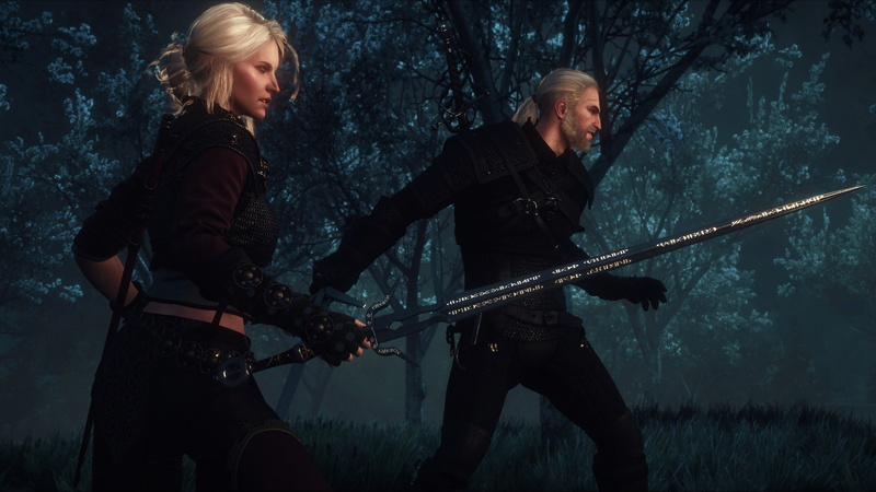 young women, The Witcher 3: Wild Hunt, aggression, hunter, standing, night, couple - relationship, people, holding, males, tree, men, Geralt of Rivia, young men