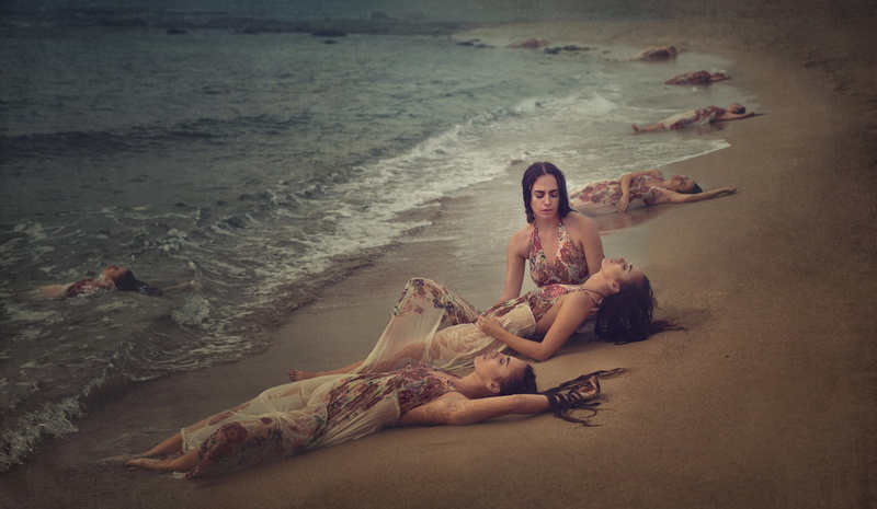 relaxation, model, sleeveless, dress, 1080P, lying down, hairstyle, woman, floral, nature, adult, beauty, water, sitting, young adult, full length, red