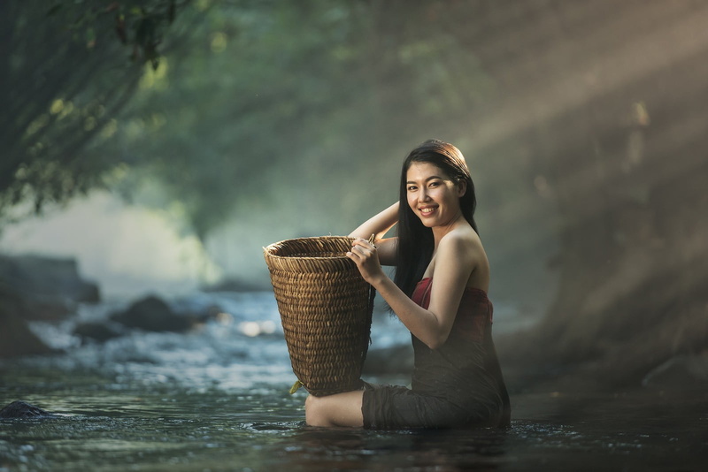 smiling, Thailand, looking at viewer, young women, container, beautiful woman, Asian, baskets, young adult, women, happiness, straight hair, real people