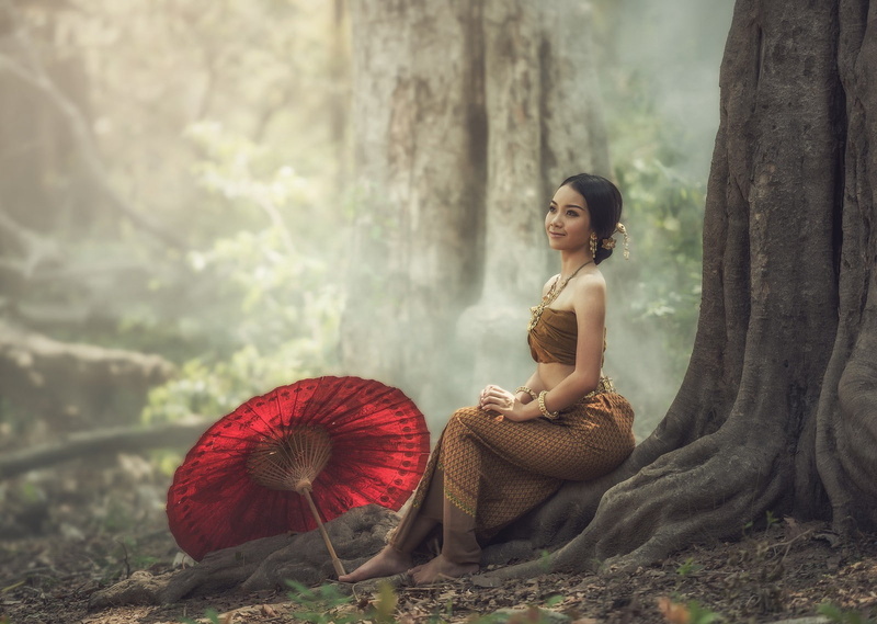 Thailand, women outdoors, 720P, barefoot, umbrella, women, Asian, straight hair, portrait, brunette, looking away, sitting