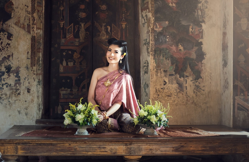 brunette, sitting, Thailand, Asian, looking away, portrait, 720P, brown eyes, smiling, flowers, women