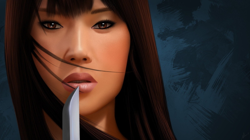 Asian, 1080P, digital art, knife, drawing, women