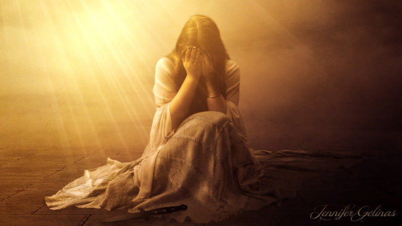 hair, full length, knife, adult, sadness, mystery, women, artwork, ghost, fantasy girl, 720P, white dress, spooky, crying, long hair, indoors, females