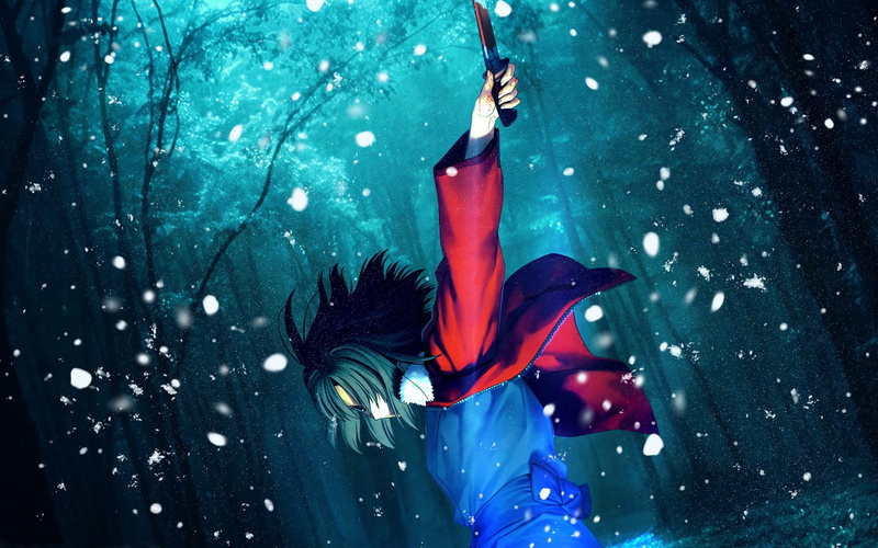beautiful woman, holding, blue, elegance, anime, anime girls, adult, performance, Ryougi Shiki, animated, one person, women, water, arms raised, motion