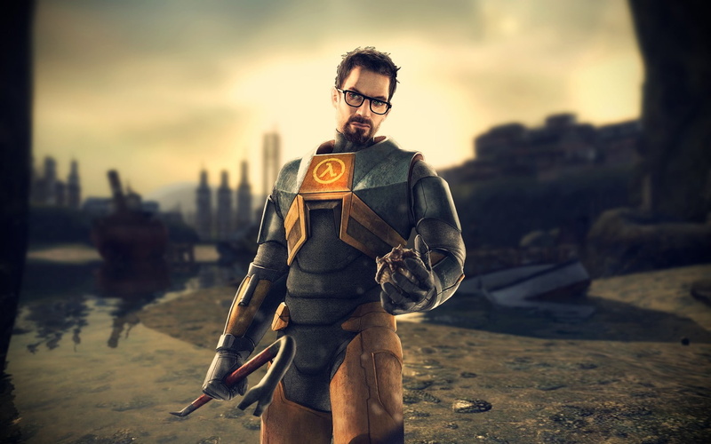 video games, facial hair, sky, Half-Life, Gordon man, looking at camera, land, lifestyles, water, one person, focus on foreground, holding, sunset, 720P