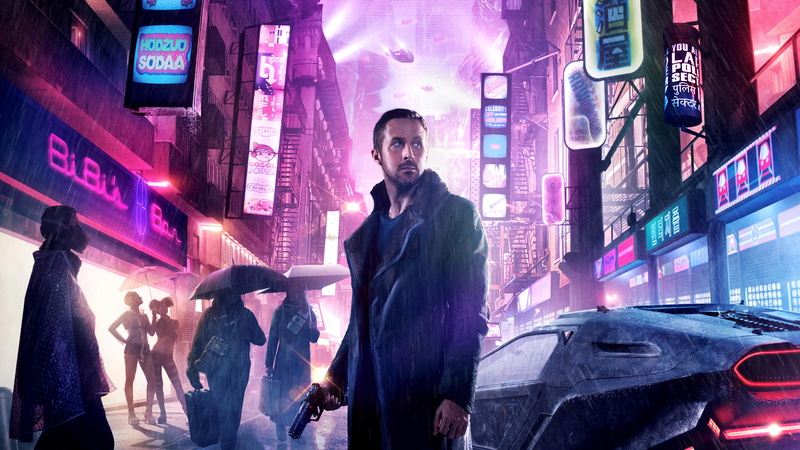 black, gun, Ryan Gosling, wearing, holding, d, 2K, 2017, man, HD, jacket, Blade Runner 2049, zip