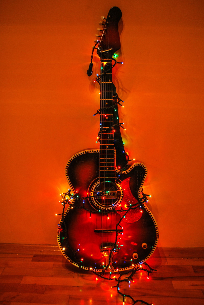 musician, Guitar, woman, rock Music, Lights, background, new year, musical equipment, Color, holidays, Red, surrounded, blue, arts And Entertainment, sound