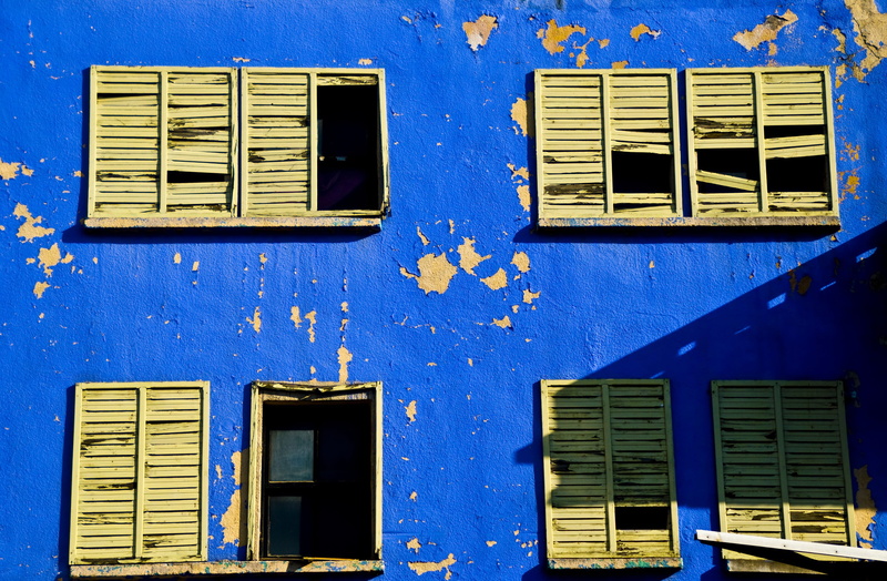 perspective, blue, color, composition, residential district, purple, yellow, background, no people, architecture, old, shutter, 2K, shadow, wall - building feature