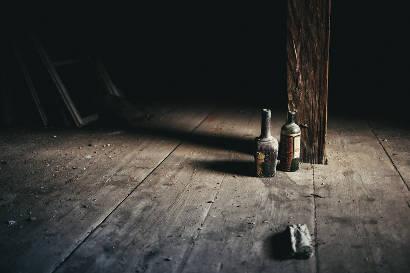 5K, no People, high angle view, work tool, built structure, architecture, dirty, glass, Attic, near, wooden, bottle, wood floor, black, door, old, brown