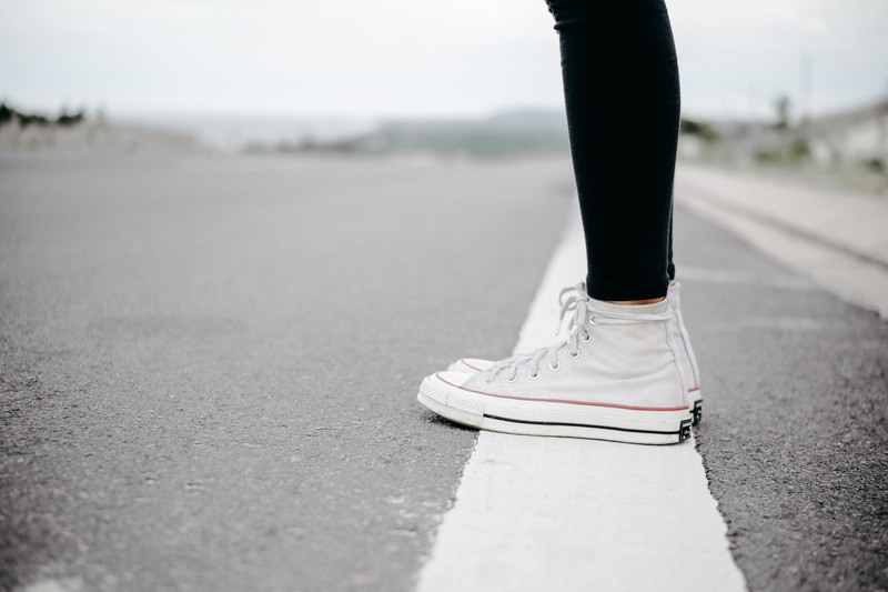 outdoors, footwear, standing, high, street, white, focus, line, 4K, guidance, girl, human limb, walking, converse, sport, close-up, limb, casual clothing