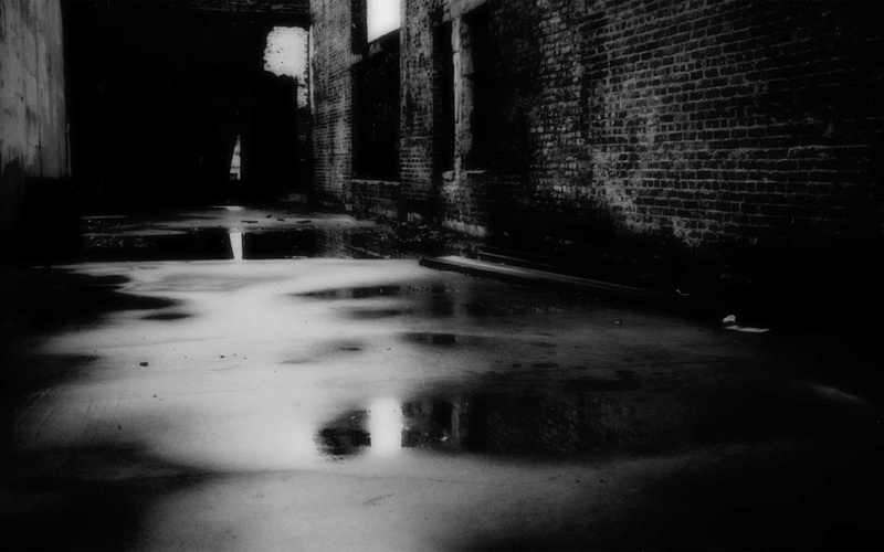 street, water, building, monochrome, city, outdoors, black, old photos, built structure, rain, nature, alley, brick, architecture, spooky, dark, night