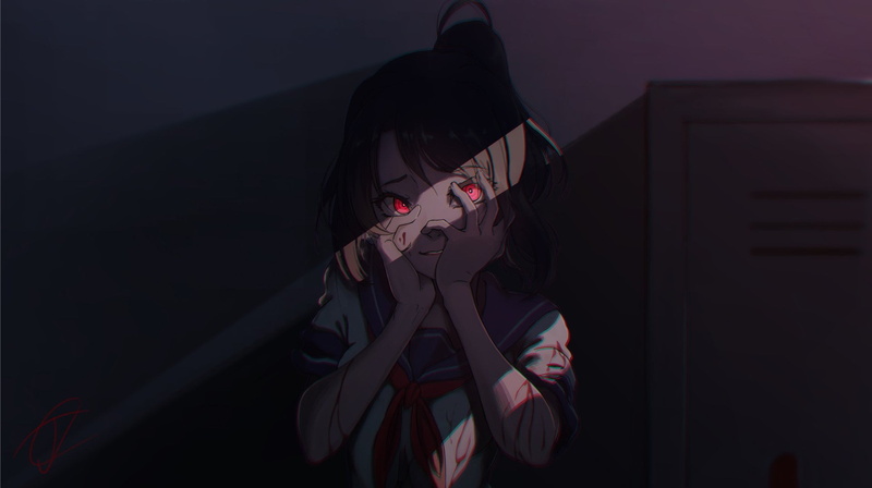 leisure activity, front view, mask - disguise, Yandere, Video Game, young women, black background, red, obscured face, halloween, dark, lifestyles, standing