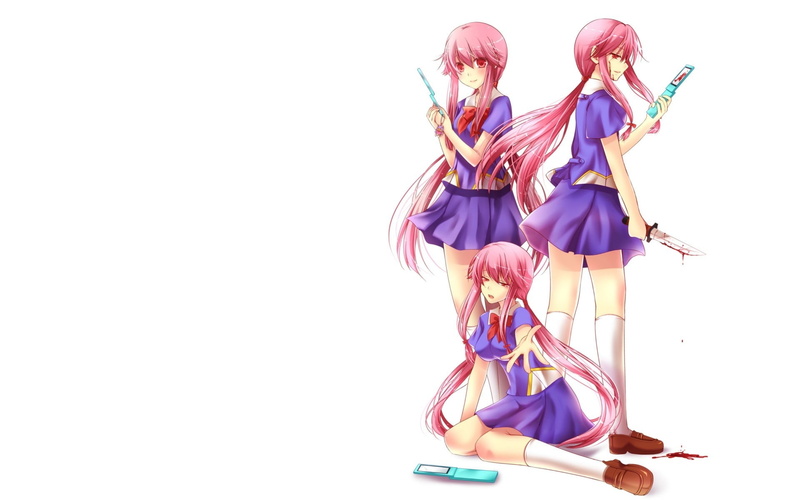 white background, people, bonding, full length, togetherness, copy space, Gasai Yuno, young adult, adult, standing, two people, anime, lifestyles, Mirai Nikki