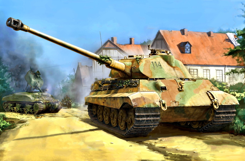 motorcycle, Road, The Wehrmacht, М4 Sherman, shrub, Western front, The second World war, Heavy Panzer Battalion 503, 4K, smoke, Pz.Kpfw.VI Ausf.B
