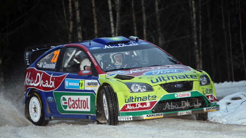 western script, cold temperature, Rally, 1080P, Car, mode of transportation, Ford Focus RS WRC 2008-10, Sport, winter, land, Focus RS, text, Ford, white color