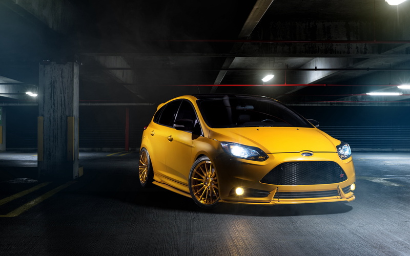 motor vehicle, illuminated, built structure, parking garage, no people, yellow, car, luxury, mode of transportation, garage, tuning, Ford Focus ST, parking lot