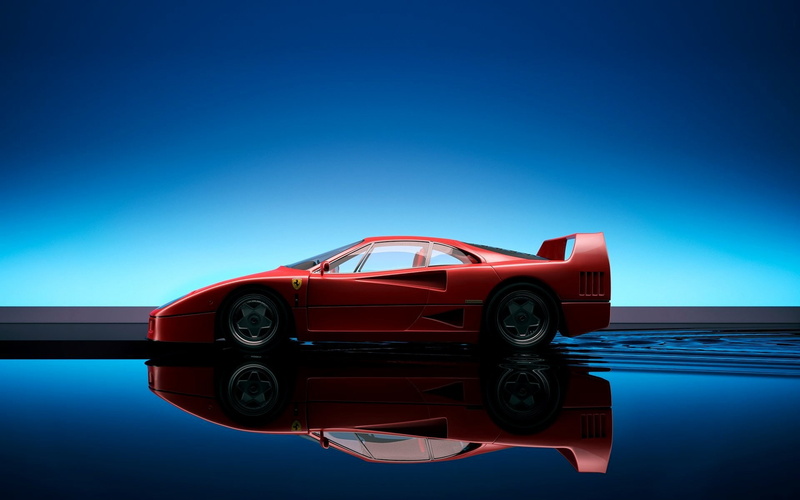 transportation, water, no people, clear sky, car, blue, nature, reflection, sky, 1080P, day, motor vehicle, land vehicle, Ferrari F40, copy space, mode of transportation
